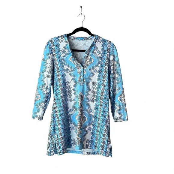 J. McLaughlin Long Tunic Blouse Blue Tan Small Geometric Floral - Picture 1 of 7